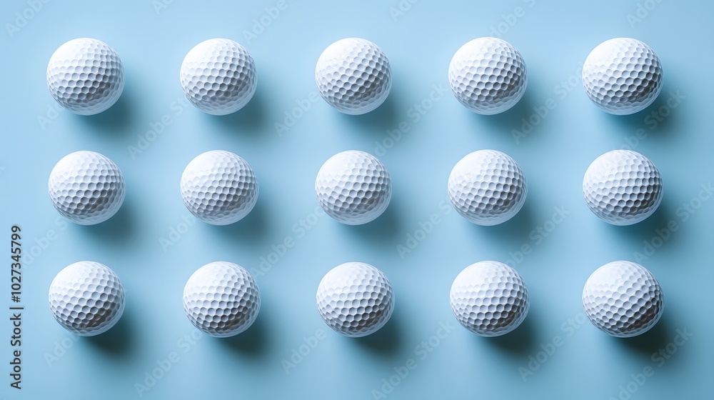 Neatly arranged golf balls in a light blue background, showcasing a symmetrical layout of white dimpled spheres in a clean and simple sports equipment composition. Neatly arranged golf balls in a light blue background, showcasing a symmetrical layout of white dimpled spheres in a clean and simple sports equipment composition.