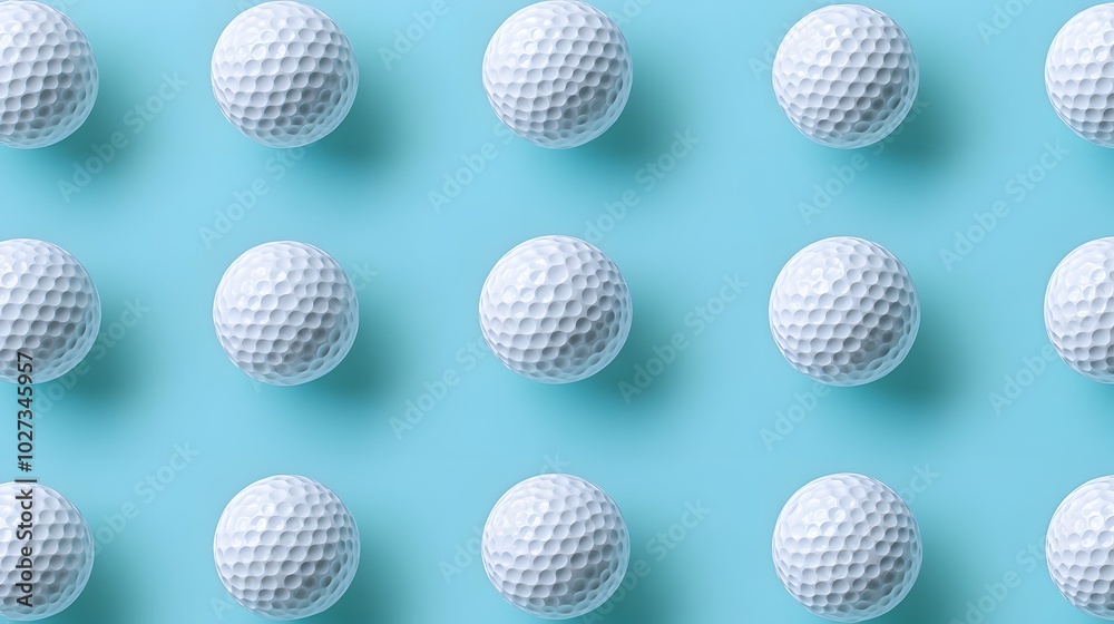 Neatly arranged golf balls in a light blue background, showcasing a symmetrical layout of white dimpled spheres in a clean and simple sports equipment composition. Neatly arranged golf balls in a light blue background, showcasing a symmetrical layout of white dimpled spheres in a clean and simple sports equipment composition.