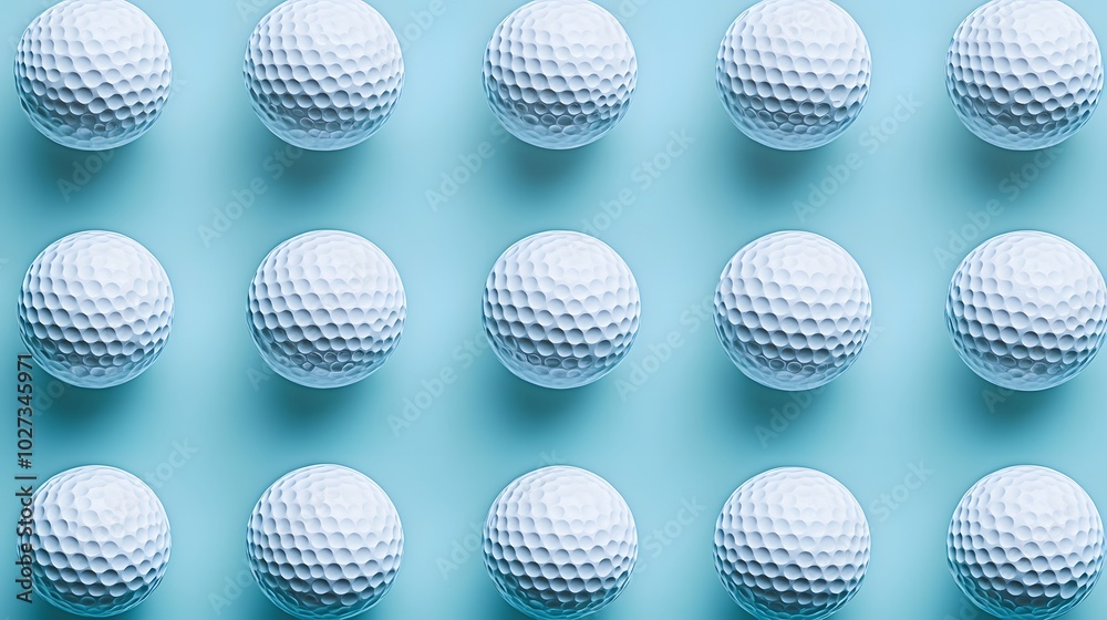 Neatly arranged golf balls in a light blue background, showcasing a symmetrical layout of white dimpled spheres in a clean and simple sports equipment composition. Neatly arranged golf balls in a light blue background, showcasing a symmetrical layout of white dimpled spheres in a clean and simple sports equipment composition.