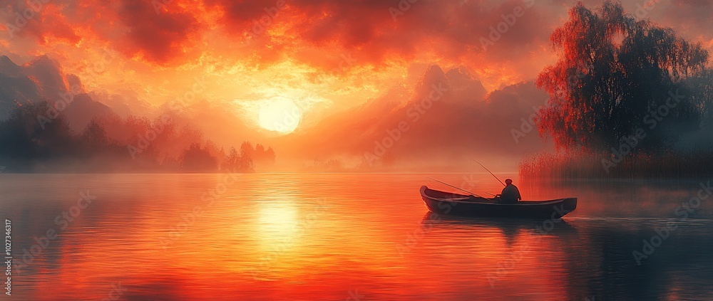 A serene sunset over a lake with a lone fisherman in a boat.