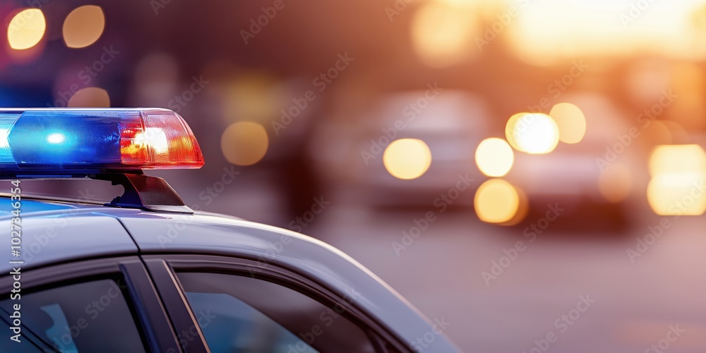 A police car with flashing lights is seen on duty at sunset, symbolizing safety and vigilance, creating a dramatic contrast with the setting sun in the backdrop. A police car with flashing lights is seen on duty at sunset, symbolizing safety and vigilance, creating a dramatic contrast with the setting sun in the backdrop.