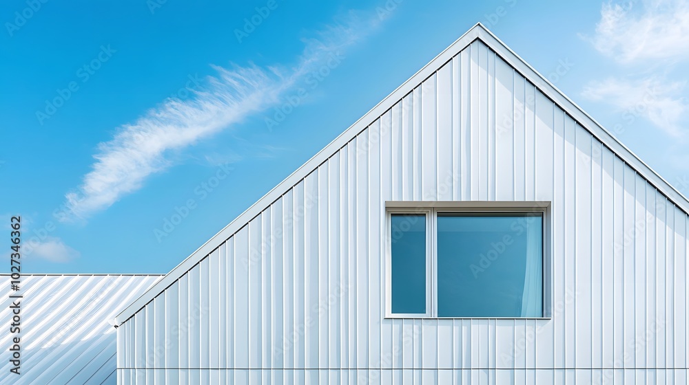 Obraz premium Architectural photography of a modern house roof detail with white wall exterior and metal roofing, emphasizing crisp lines and geometric shapes under outdoor lighting.