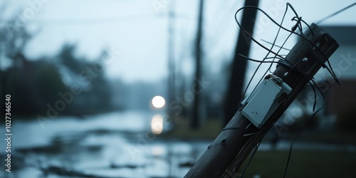 A leaning utility pole with tangled wires, set against the backdrop of a wet, deserted street, portrays a sense of isolation and decay in an overcast weather. photo