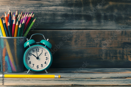 A collection of school supplies on a wooden background, including pencils, markers, and an alarm clock. Web banner with copy space on the right.