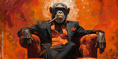 A sophisticated monkey dressed in a suit sits confidently in a chair, holding a cigar