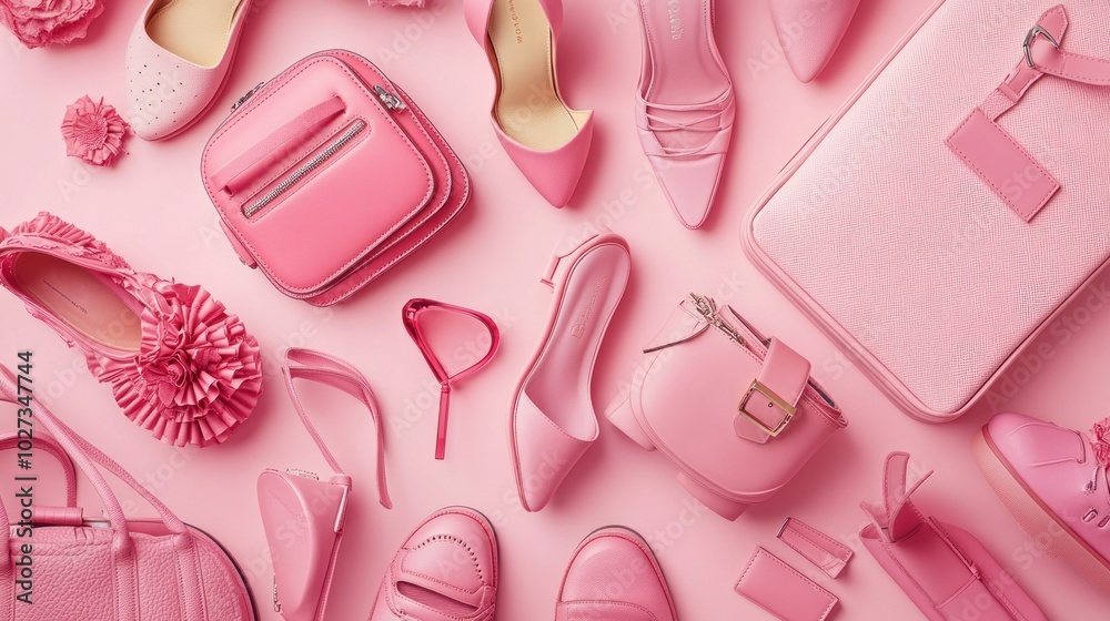 Pink Leather Accessories Flat Lay with Shoes, Bags and Flowers Pink Leather Accessories Flat Lay with Shoes, Bags and Flowers
