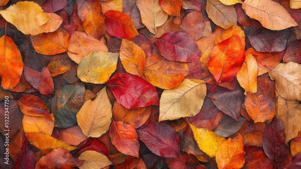 Fall leaves on the ground, with vibrant red and orange colors, captured in a close-up, high-resolution photograph