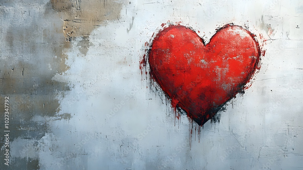 Naklejka premium Red heart graffiti on a white wall background, representing urban street art with spray paint texture, contrasting colors, and a romantic symbol in a minimalist design.