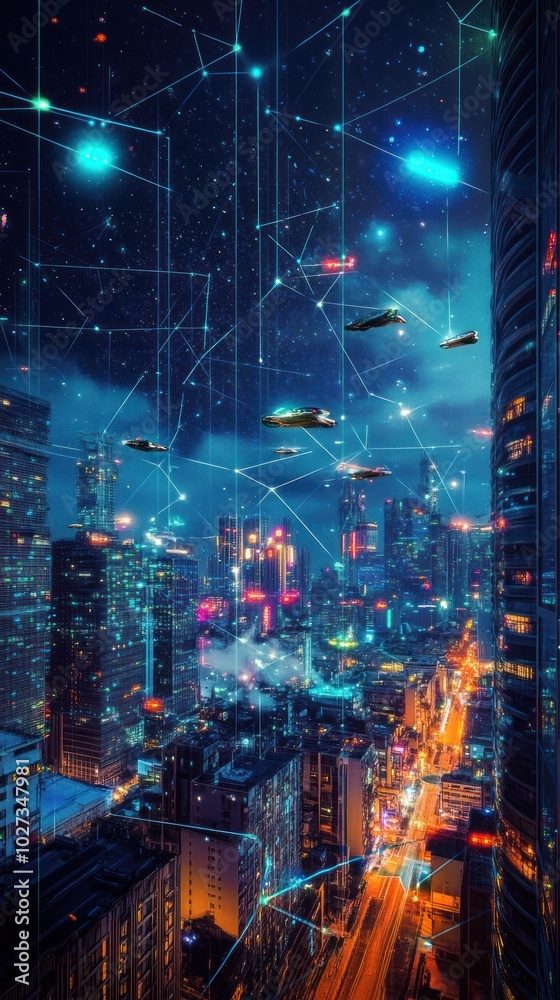 Fototapeta premium Futuristic Cityscape with Flying Vehicles and Interconnected Network