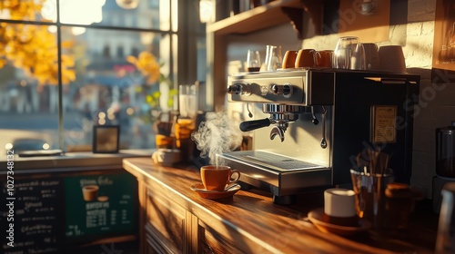 Cozy cafe with sunlight streaming in, showcasing a coffee machine and steaming cup. Perfect setting for relaxation and coffee lovers.