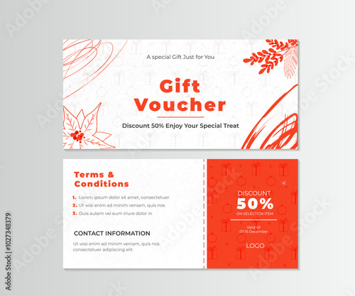Gift card with Christmas decoration. Stylish elegant template promotion sale discount. Coupon template.  holly leaves,flower, abstract on a light background. Background for the invitation, shop.