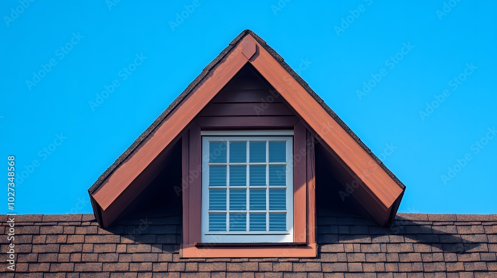 Brown shingle roof featuring a dormer vent, showcasing geometric shapes and weathered asphalt shingles under a clear blue sky for an architectural detail view. Brown shingle roof featuring a dormer vent, showcasing geometric shapes and weathered asphalt shingles under a clear blue sky for an architectural detail view.