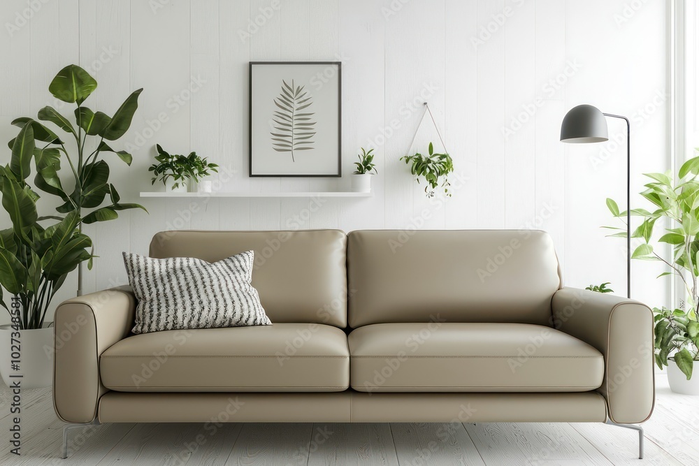 Stylish living room with a beige leather sofa, white walls, and minimalist decor featuring plants and a modern lamp Stylish living room with a beige leather sofa, white walls, and minimalist decor featuring plants and a modern lamp