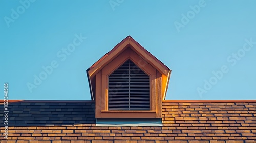 Brown shingle roof featuring a dormer vent, showcasing geometric shapes and weathered asphalt shingles under a clear blue sky for an architectural detail view. photo