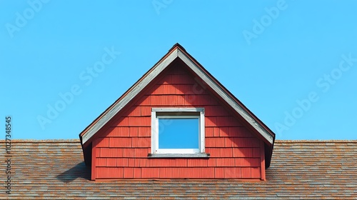 Brown shingle roof featuring a dormer vent, showcasing geometric shapes and weathered asphalt shingles under a clear blue sky for an architectural detail view. photo