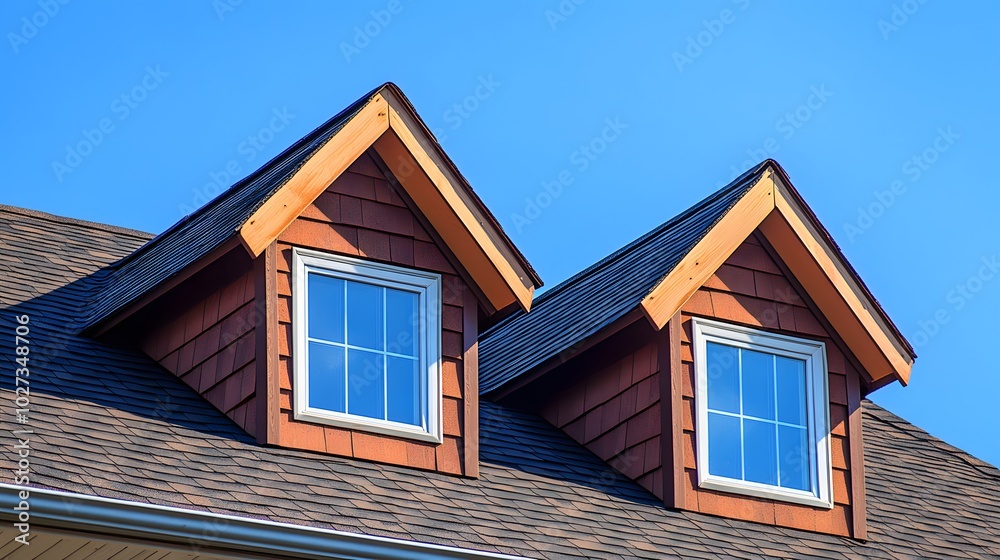 Brown shingle roof featuring a dormer vent, showcasing geometric shapes and weathered asphalt shingles under a clear blue sky for an architectural detail view. Brown shingle roof featuring a dormer vent, showcasing geometric shapes and weathered asphalt shingles under a clear blue sky for an architectural detail view.