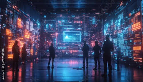 Silhouettes of people standing in a futuristic room filled with glowing digital screens.