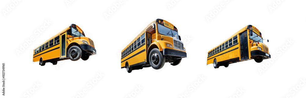 Three yellow school buses are floating in the air, against a black and white striped background.