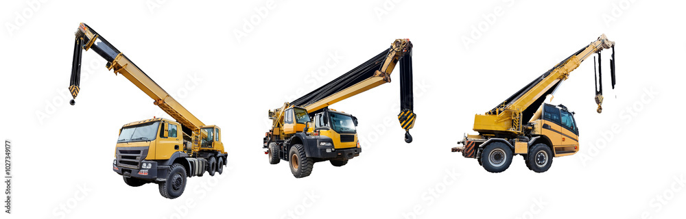 Three yellow cranes are lined up side by side. Three yellow cranes are lined up side by side.