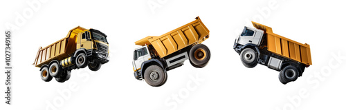 Three yellow dump trucks are in a tilted, angled pose with black backgrounds. photo