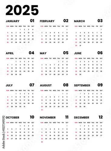 Calendar 2025 week start Sunday business corporate design template vector. Wall calendar 2025.