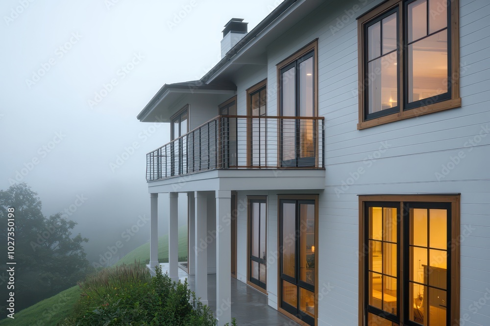 Two-story contemporary house with white walls, wooden trim, and large windows on a foggy evening Balcony overlooking greenery