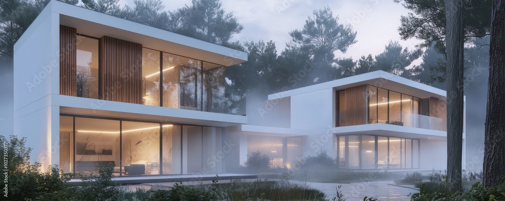 Two-story modern home at dusk with white walls, wood accents, and large glass windows Fog envelopes the area Two-story modern home at dusk with white walls, wood accents, and large glass windows Fog envelopes the area