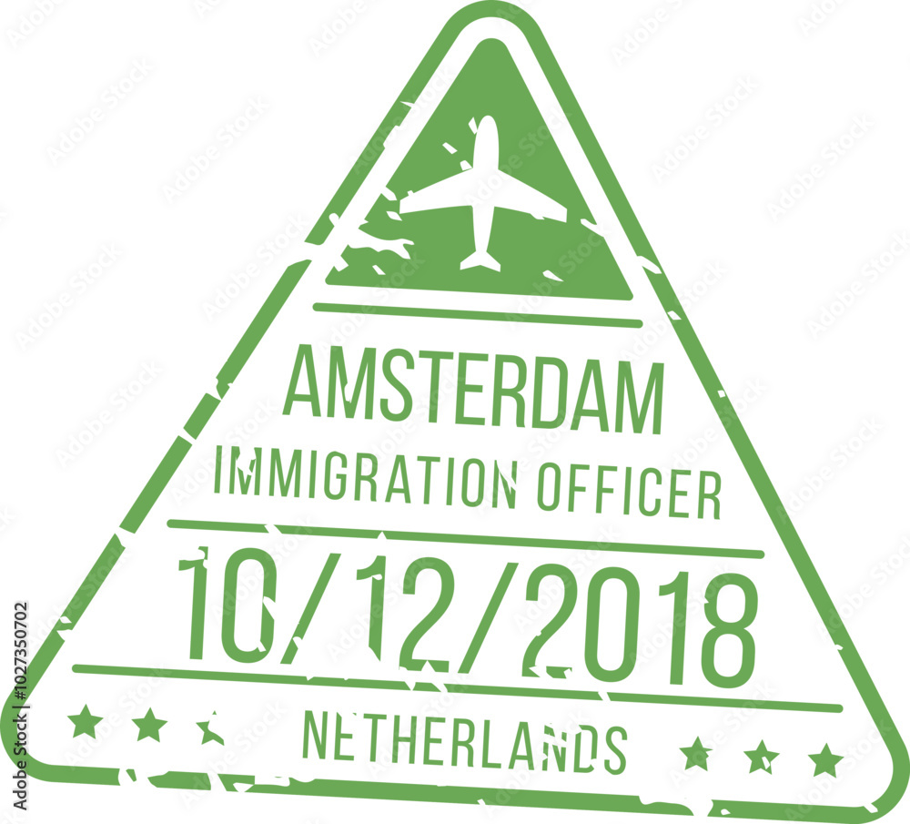 A green triangular immigration stamp from Amsterdam features an airplane icon along with the date 10122018 and indicates it was issued by an immigration officer in the Netherlands......... A green triangular immigration stamp from Amsterdam features an airplane icon along with the date 10122018 and indicates it was issued by an immigration officer in the Netherlands.........