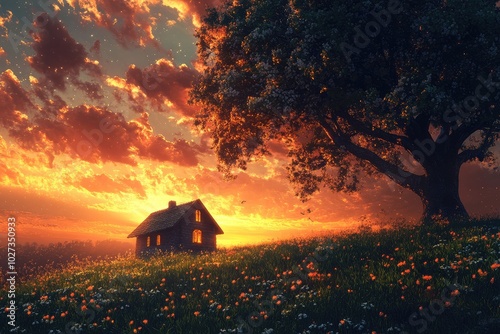 A Cozy Cabin Nestled in a Field of Flowers at Sunset