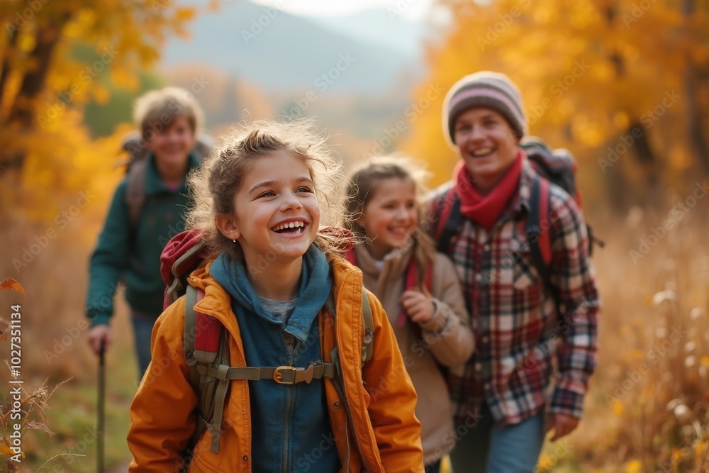 Happy family hiking in autumn forest enjoying outdoor adventure Happy family hiking in autumn forest enjoying outdoor adventure