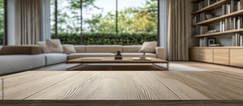 A wooden table sits in the foreground, highlighting a spacious, well-lit living room with a comfortable couch and large windows A wooden table sits in the foreground, highlighting a spacious, well-lit living room with a comfortable couch and large windows