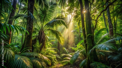 Tropical jungle sunlight filters through vibrant green trees, creating a serene and inviting atmosphere perfect for low-light photography amidst nature's lush beauty.