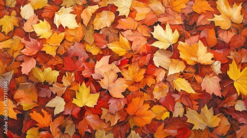 Fall leaves on the ground, with vibrant red and orange colors, captured in a close-up, high-resolution photograph