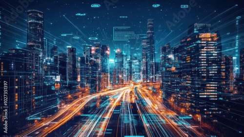 Wallpaper Mural Futuristic Cityscape with Digital Lines and Lights Torontodigital.ca