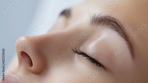 Close-up of a peaceful face with closed eyes, showcasing smooth skin and serene expression, perfect for beauty and relaxation themes.