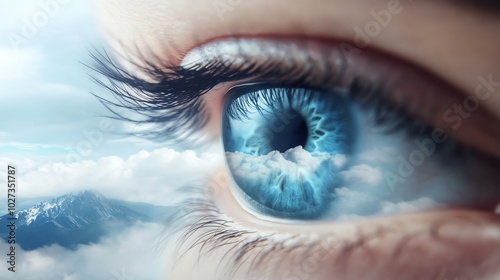 Close-up of an eye reflecting a cloudy sky, illustrating vision and imagination. Perfect for themes of creativity and introspection.