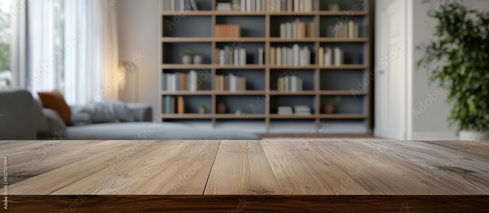 A wooden table holds a central position in a warm living room, with a bookshelf stocked with books and natural light streaming in through the windows A wooden table holds a central position in a warm living room, with a bookshelf stocked with books and natural light streaming in through the windows