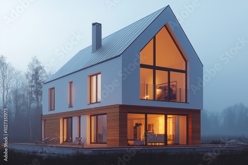 White modern house with wood accents, large windows, and a warm evening glow, set against a foggy background