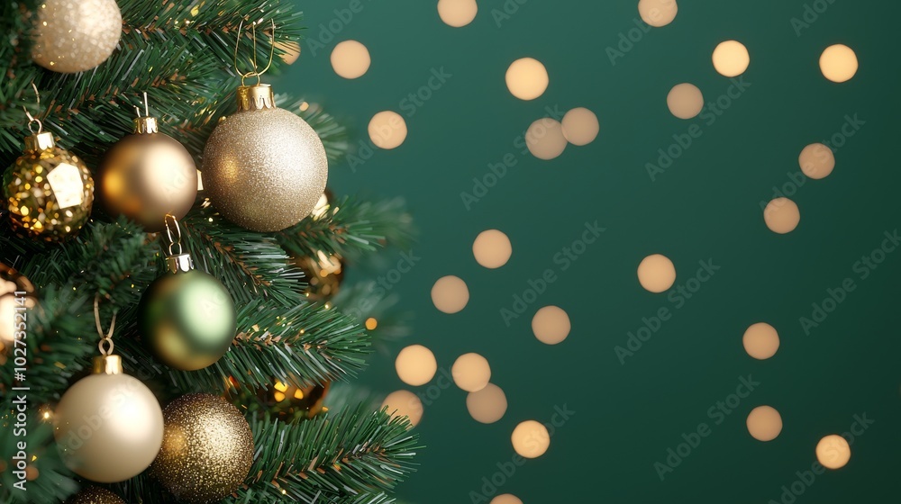 Christmas Tree with Gold Ornaments and Bokeh Lights