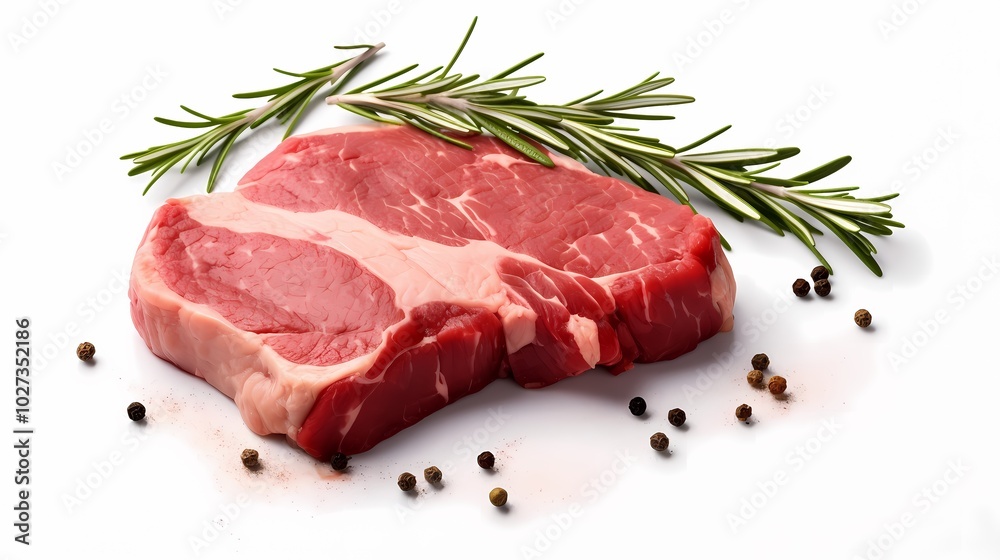 Raw steak with rosemary and peppercorns on a clean background. Raw steak with rosemary and peppercorns on a clean background.