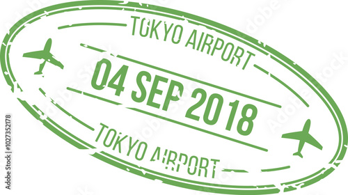 This design showcases a green date stamp from Tokyo Airport marked September 4 2018 illustrating airplane silhouettes and location details.