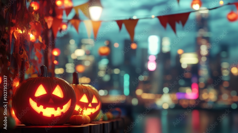 A festive Halloween display featuring glowing pumpkins and colorful banners, with an out-of-focus city skyline in the background A festive Halloween display featuring glowing pumpkins and colorful banners, with an out-of-focus city skyline in the background