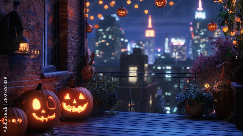 Fototapeta premium A festive corner with glowing pumpkins and Halloween props, with city lights creating a magical atmosphere in the background.