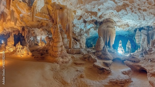 A wide shot of a cave with towering stalagmites and stalactites illuminated by artificial lighting. photo