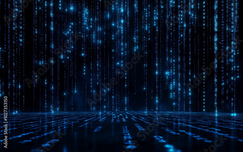 A black background with blue vertical lines of binary code, representing the matrix in The Matrix movie