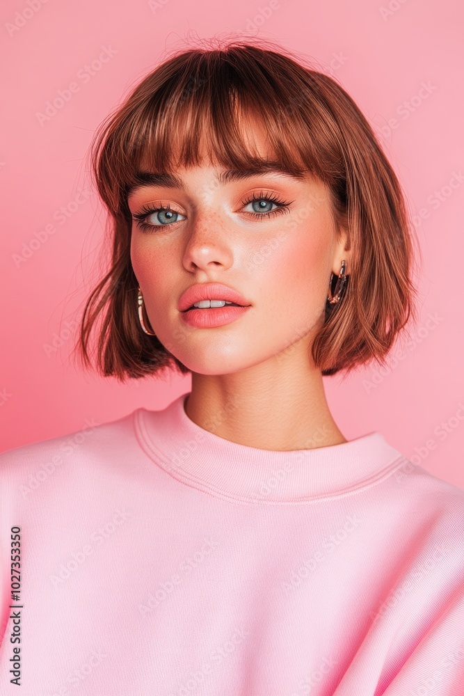 Young woman with short brown hair poses confidently against a pink background Young woman with short brown hair poses confidently against a pink background