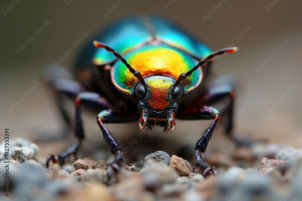 Close-up macro shot of colorful iridescent beetle on rocky surface