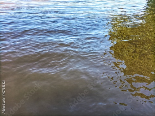 You can see the ripples of a large river and the shadows of trees