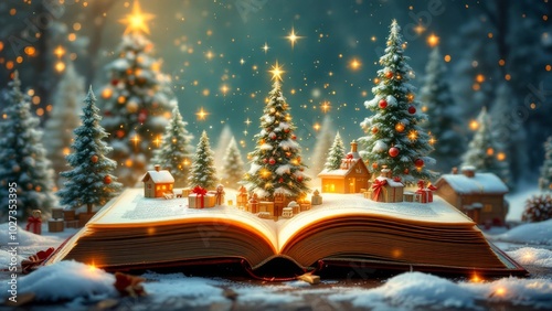 A magical snowy Christmas scene emerges from an open book, adorned with festive decorations and twinkling lights.