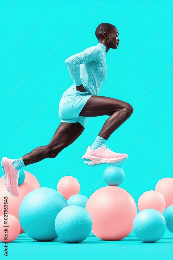 Athlete training vigorously while leaping over pastel exercise balls in a vibrant studio Athlete training vigorously while leaping over pastel exercise balls in a vibrant studio